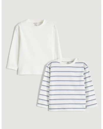 Set de bluze uni si cu dungi, din bumbac- 2 piese, Alb murdar/Albastru deschis