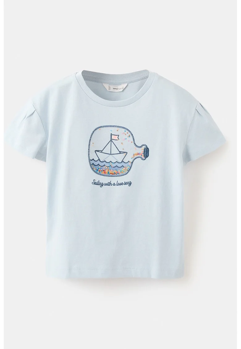 Tricou de bumbac cu model grafic, Albastru pastel/Albastru inchis
