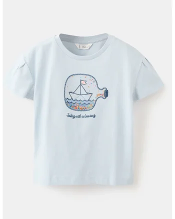 Tricou de bumbac cu model grafic, Albastru pastel/Albastru inchis
