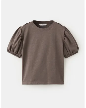 Tricou de bumbac cu decolteu la baza gatului, Maro inchis
