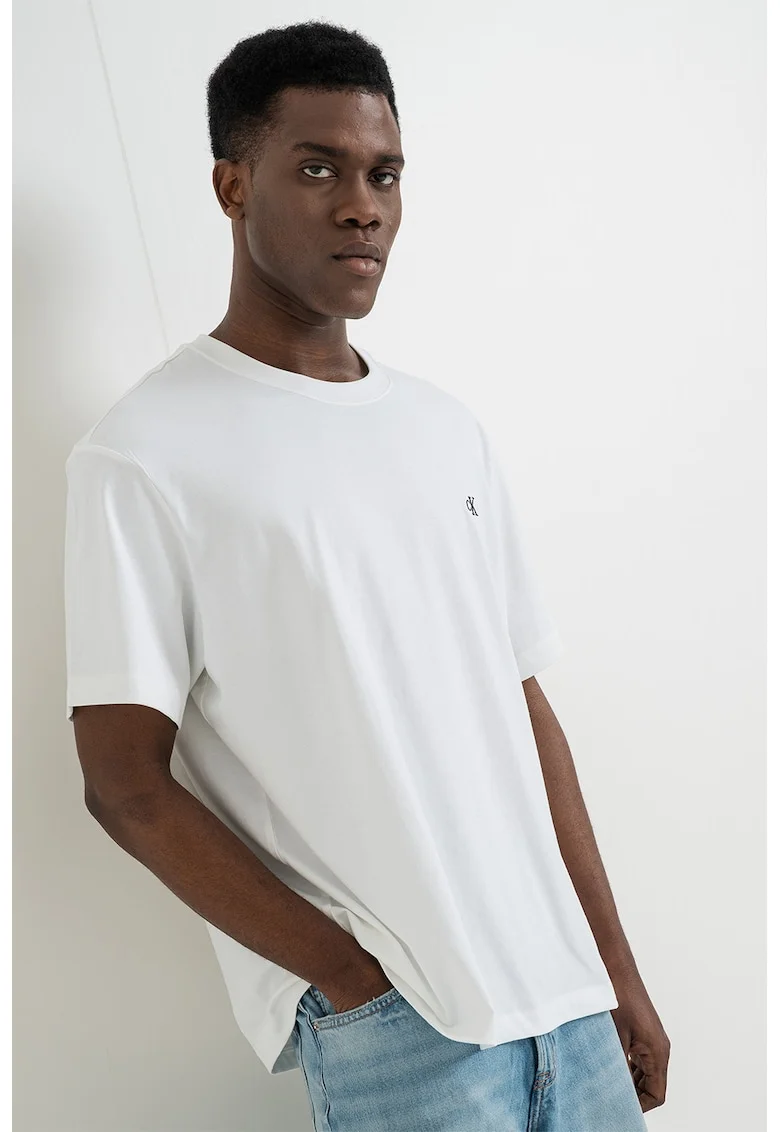 Tricou din bumbac cu decolteu la baza gatului, Alb optic