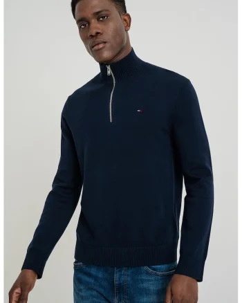Pulover slim fit din bumbac organic, Bleumarin