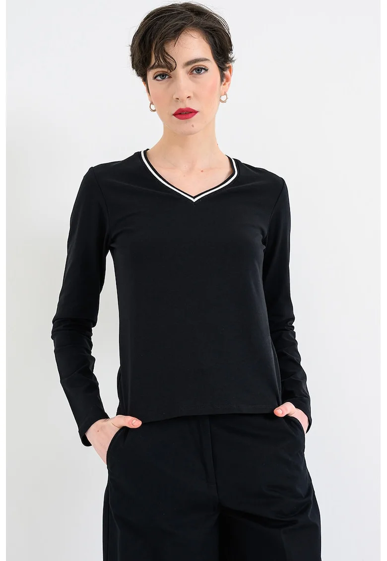 Bluza cu decolteu in V si dungi contrastante, Negru/Alb optic