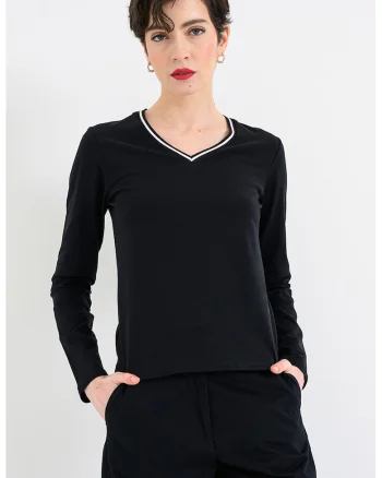 Bluza cu decolteu in V si dungi contrastante, Negru/Alb optic