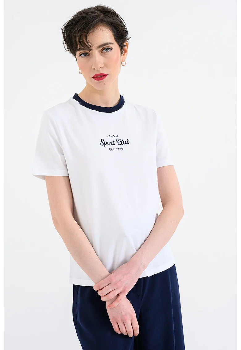 Tricou cu decolteu la baza gatului si imprimeu text, Alb optic