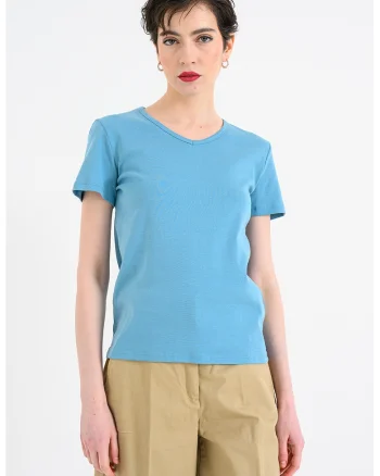 Tricou din bumbac cu decolteu in V, Albastru pastel