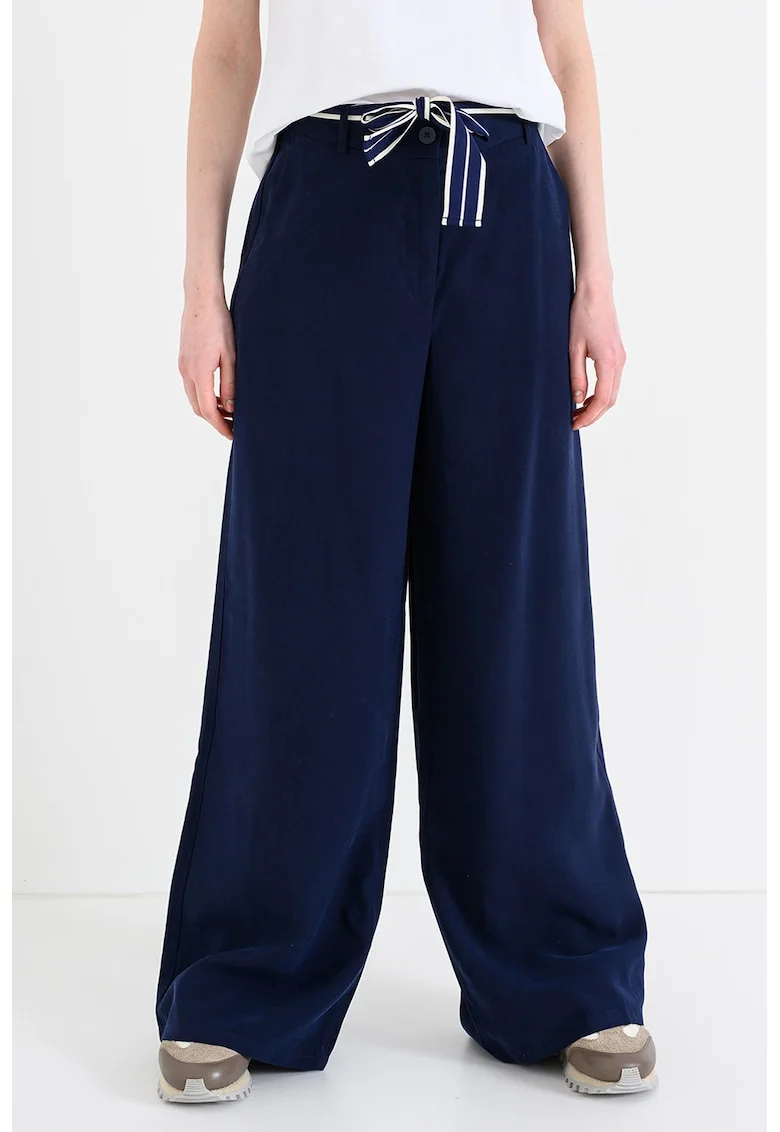 Pantaloni cu croiala ampla si cordon, Alb murdar/Bleumarin