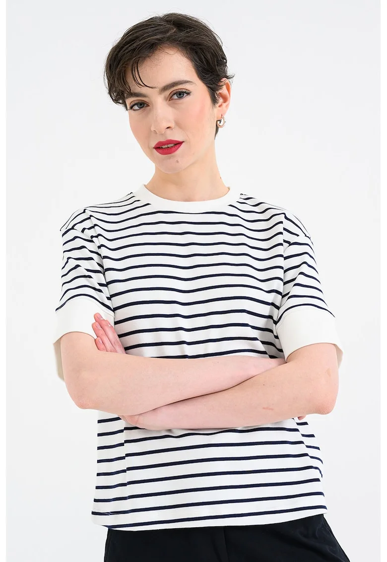 Tricou din amestec de bumbac cu dungi, Negru/Alb murdar
