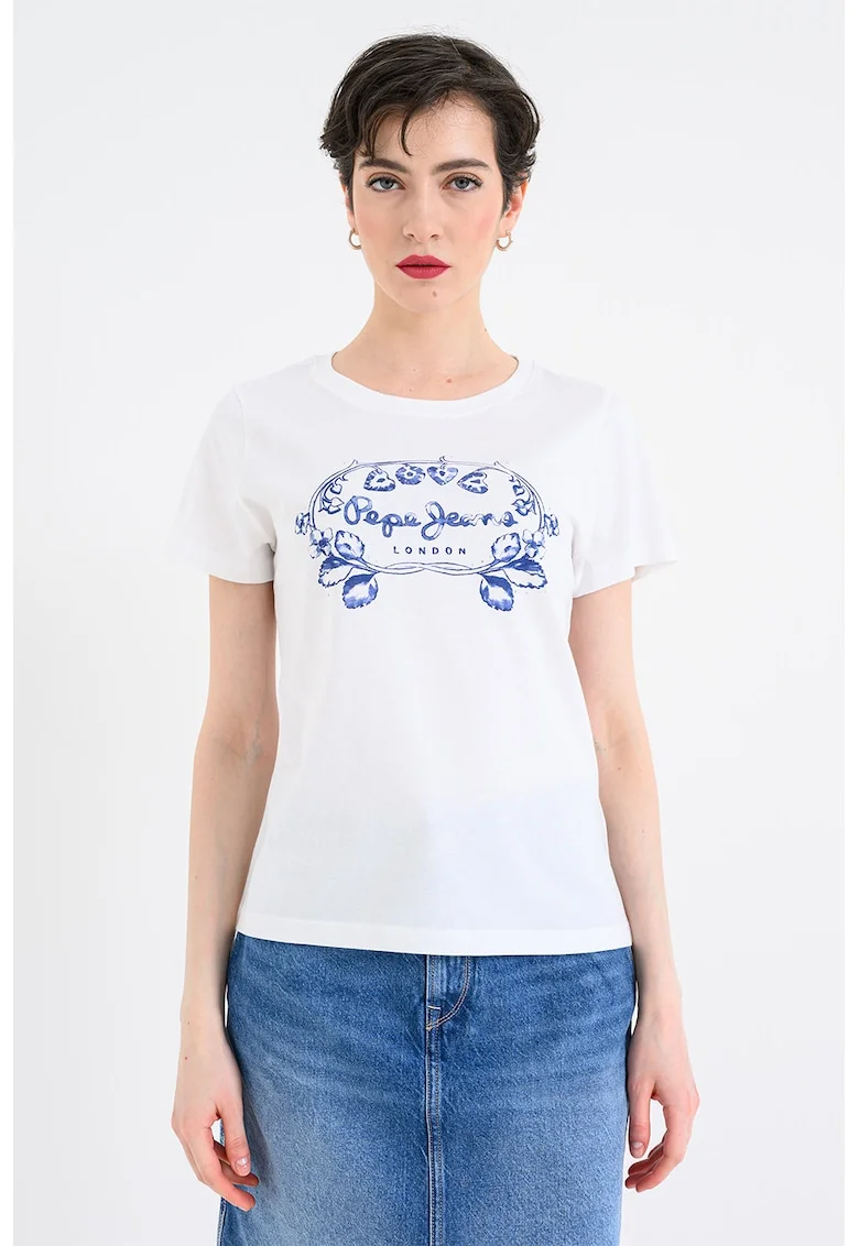 Tricou cu decolteu la baza gatului si imprimeu grafic, Alb