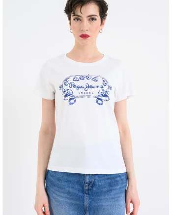 Tricou cu decolteu la baza gatului si imprimeu grafic, Alb