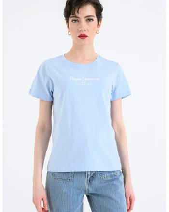 Tricou cu decolteu rotund si logo Mae, Albastru pastel