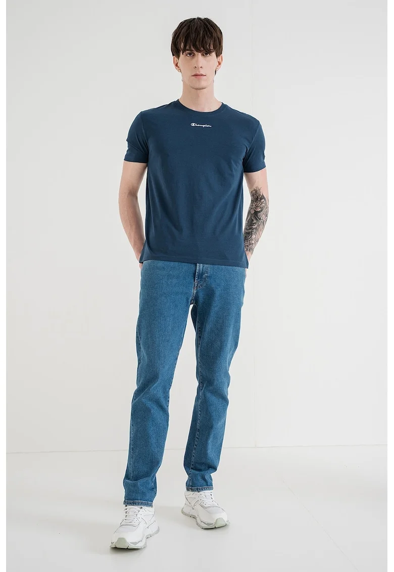 Tricou cu decolteu la baza gatului si logo, Alb/Albastru paun