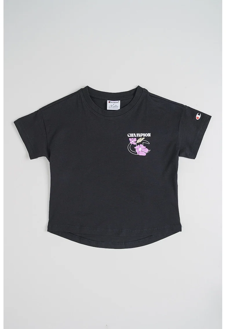 Tricou cu imprimeu floral pe partea din spate, Negru/Violet deschis