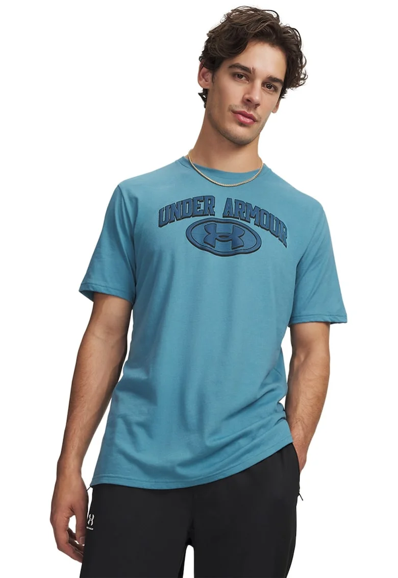 Tricou cu decolteu la baza gatului si imprimeu logo, Albastru pastel