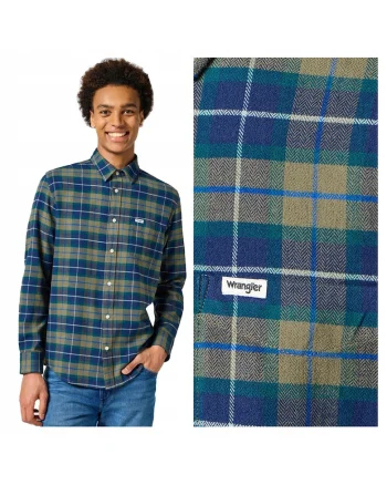 Camasa Barbati,  1PKT Flannel Shirt, Regular Fit, Design Clasic, Maneci Lungi, Cu Guler, Cu Nasturi, Bumbac, Verde
