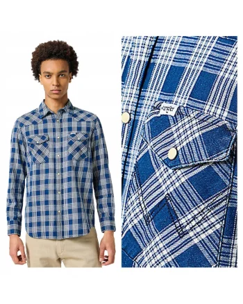Camasa Barbati,  Western Indigo Shirt, Regular Fit, Design Clasic, Maneci Lungi, Cu Guler, Cu Nasturi, Bumbac, Albastru, Albastru