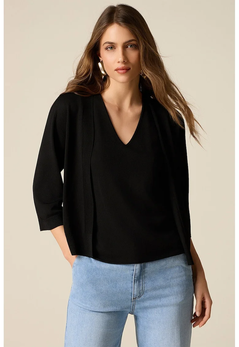 Cardigan cu maneci 3/4, fara inchidere, Negru