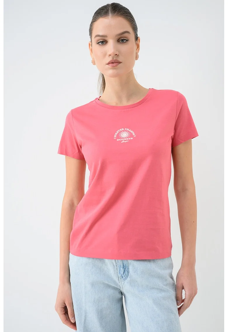 Tricou de bumbac cu decolteu la baza gatului, Fucsia