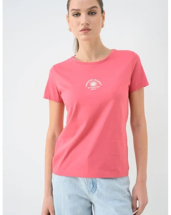 Tricou de bumbac cu decolteu la baza gatului, Fucsia