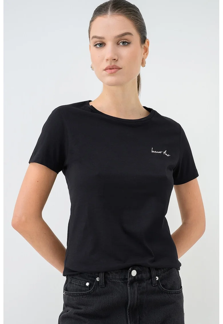 Tricou de bumbac cu decolteu la baza gatului, Negru