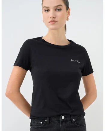 Tricou de bumbac cu decolteu la baza gatului, Negru