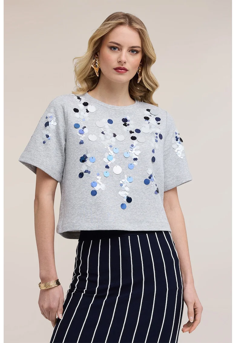 Tricou cu aplicatii de paiete, Gri deschis/Albastru ultramarin/Bleumarin