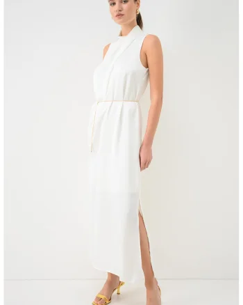Rochie maxi fara maneci cu lant in talie, Galben pal
