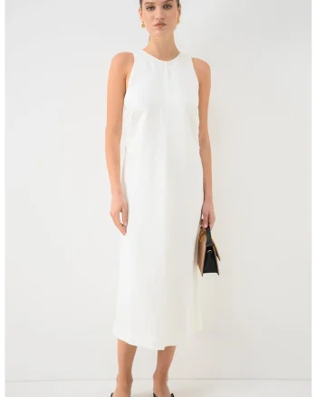Rochie midi dreapta din amestec de in, Alb murdar
