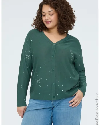 Cardigan cu decolteu in V si detaliu floral, Verde englez