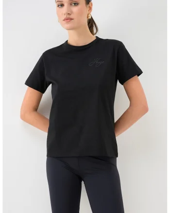 Tricou de bumbac cu logo brodat, Negru
