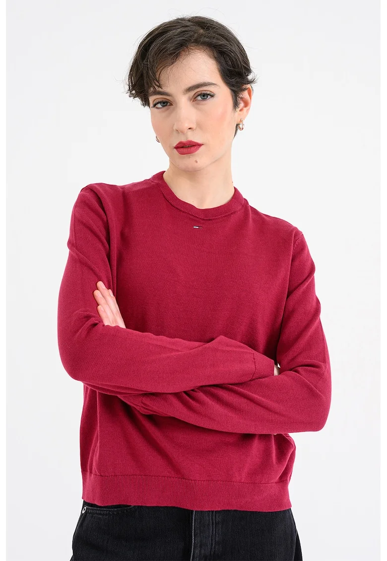 Pulover din bumbac organic cu decolteu la baza gatului, Roz zmeuriu