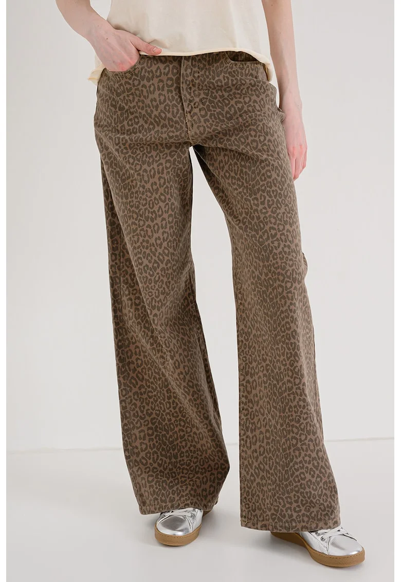 Blugi cu croiala ampla si animal print, Negru/Maro camel