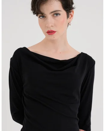 Bluza slim fit cu decolteu drapat, Negru