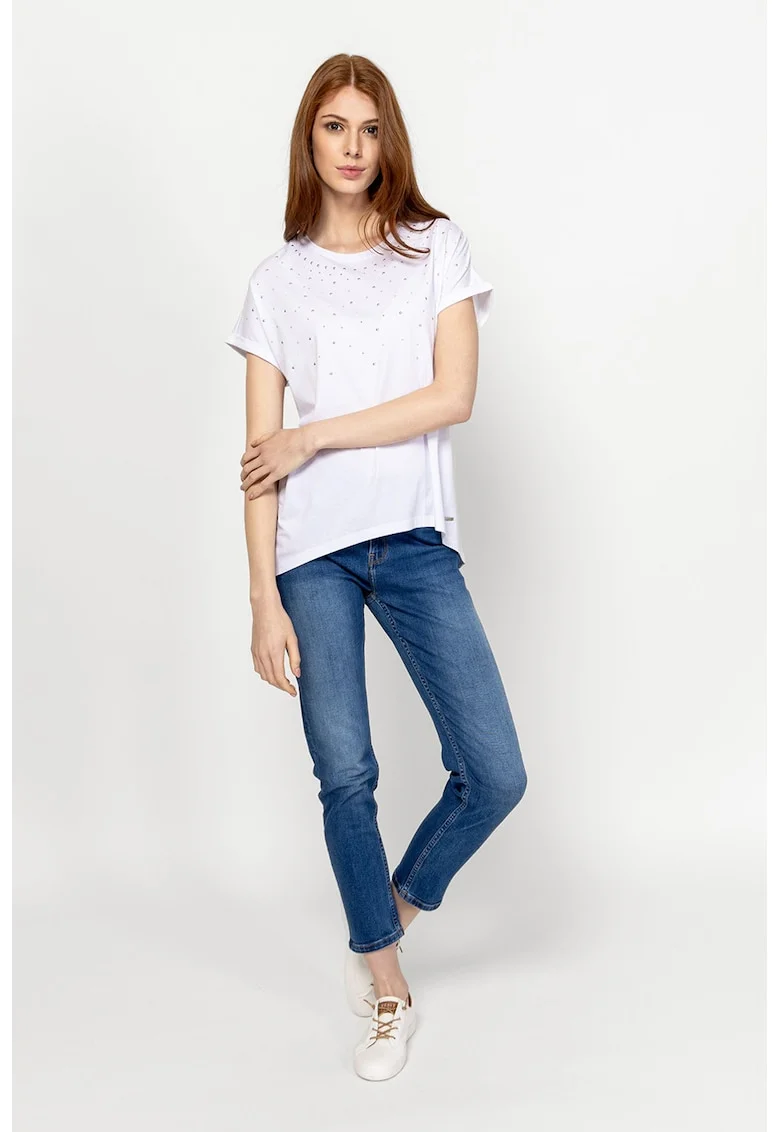 Tricou asimetric din amestec de modal cu aplicatie cu strasuri, Alb optic
