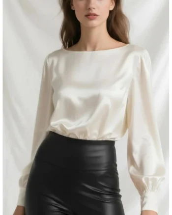 Bluza din amestec de matase cu decolteu barcuta Luna, Alb