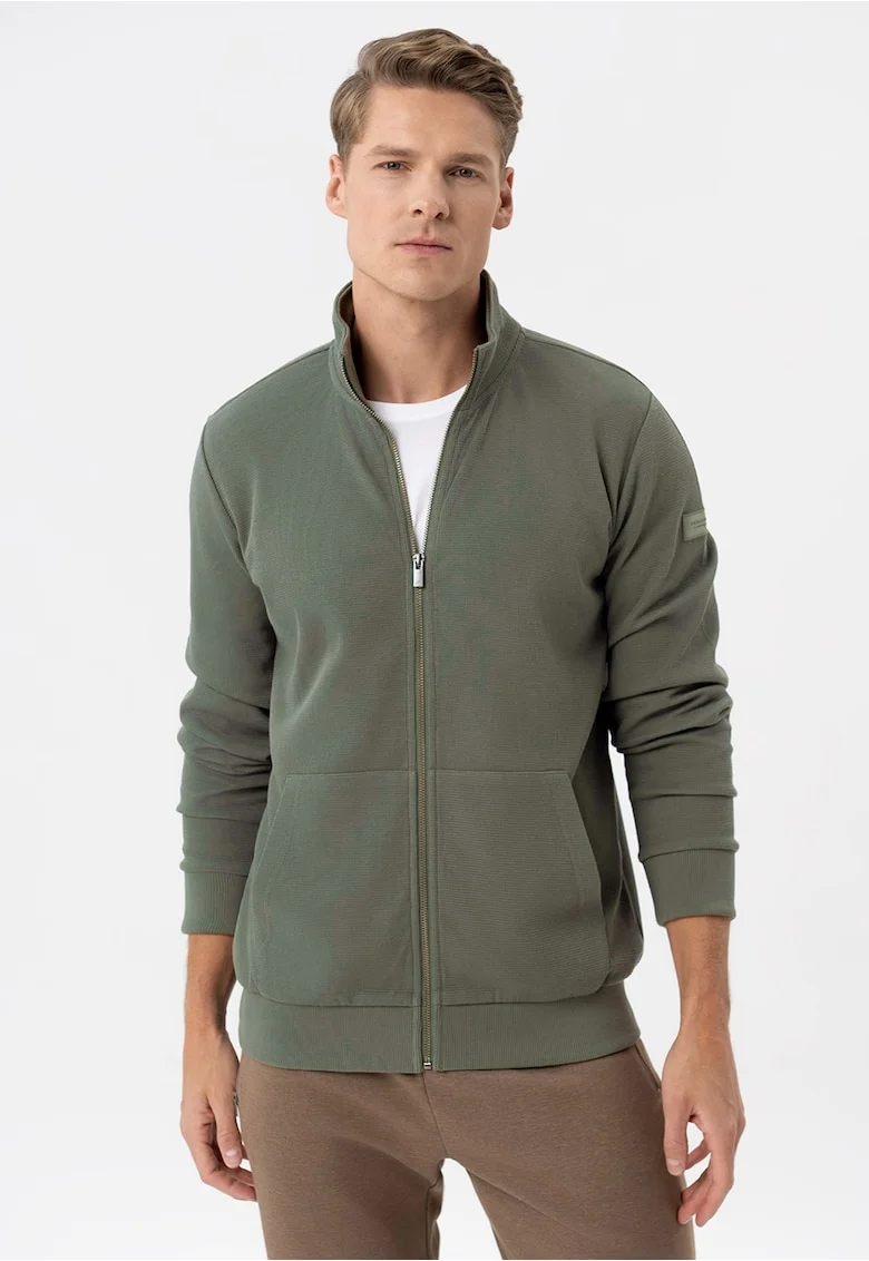 Bluza de trening cu fermoar cu guler inalt, cu buzunare frontale, mansete, Regular Fit,  B-Gulf, Kaki