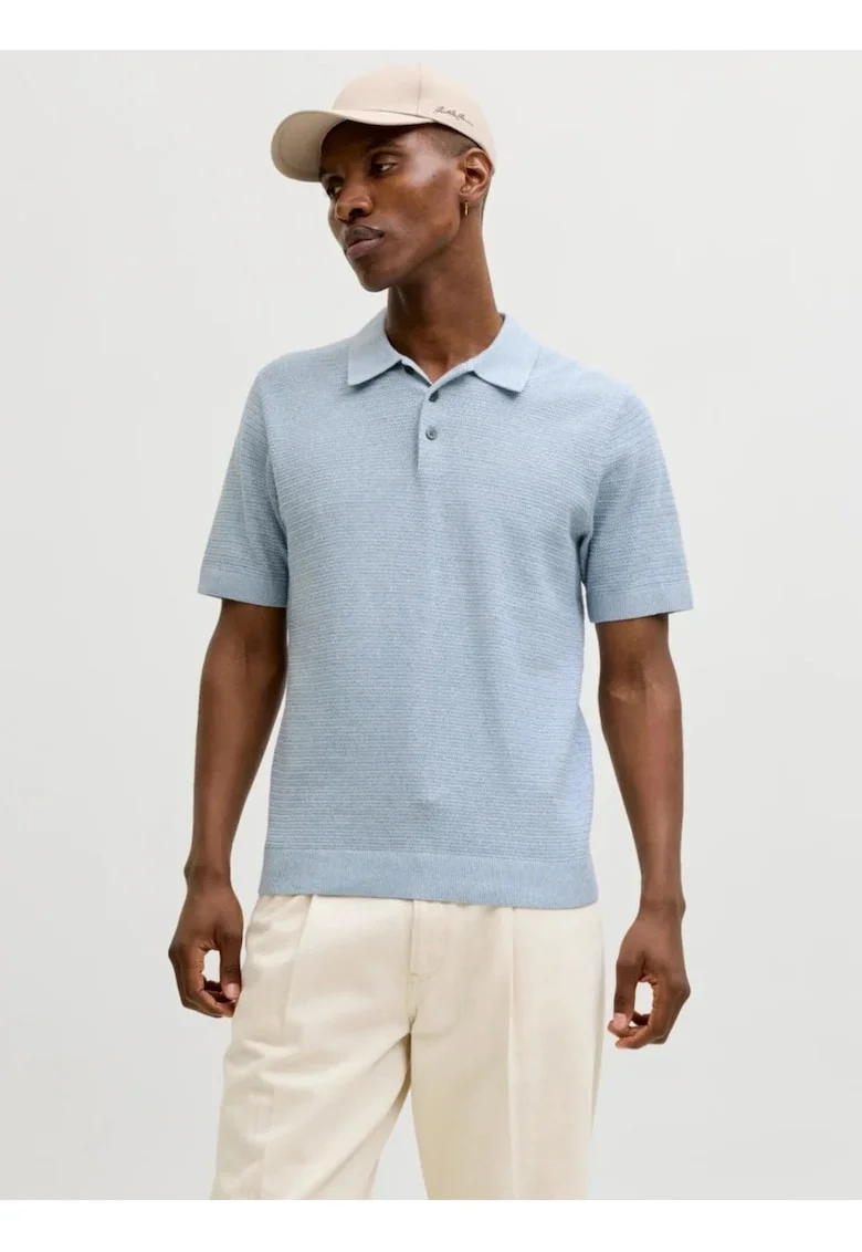 Tricou polo cu aspect tricotat, Albastru pastel