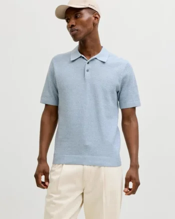 Tricou polo cu aspect tricotat, Albastru pastel