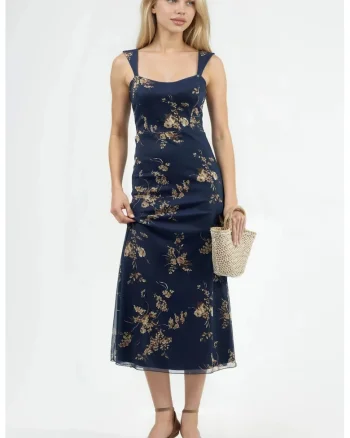Rochie Midi,  Florala, cu Guler Inima, Jerseu, maro/bleumarin