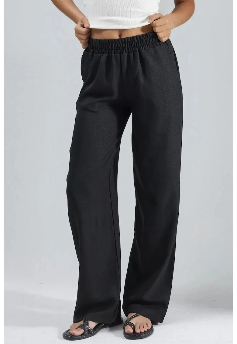 Pantaloni dama,  cu talie elastica, picior drept, negru, poliester