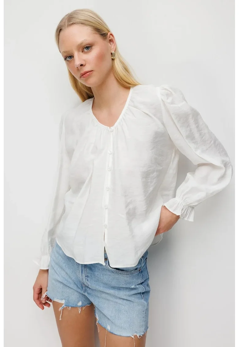 Bluza dama,  texturata, guler rotund, nasturi, Natural Ivoire, textil