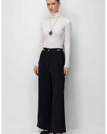 Pantaloni dama,  talie inalta, croiala ampla, negru, poliester