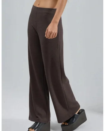 Pantaloni dama,  drepti, talie elastica, maro nuc, textil