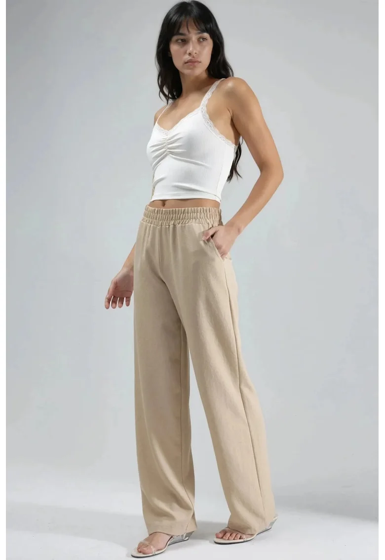 Pantaloni dama,  Colectia Ellie, talie elastica, croiala dreapta, bej natural, textil
