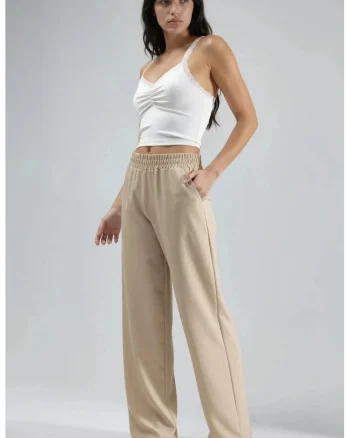 Pantaloni dama,  Colectia Ellie, talie elastica, croiala dreapta, bej natural, textil