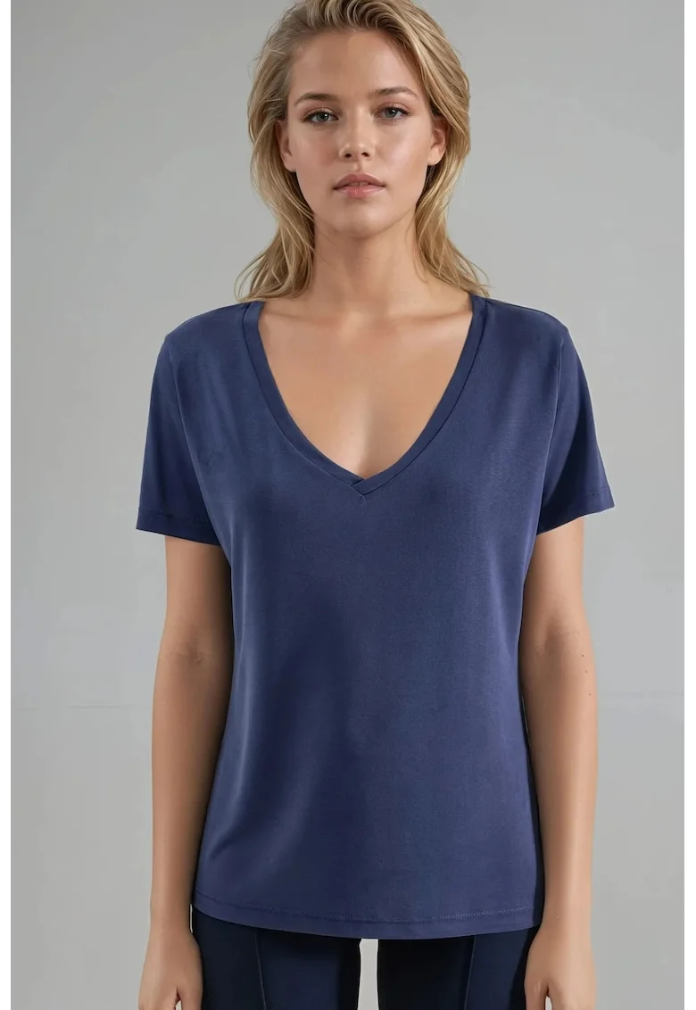 Tricou dama  decolteu in V, maneca scurta, albastru marin, jerseu