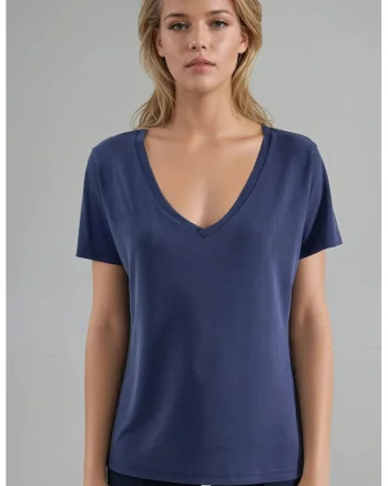 Tricou dama  decolteu in V, maneca scurta, albastru marin, jerseu