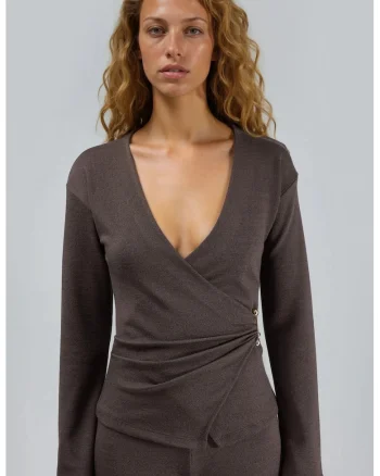 Bluza dama  decolteu in V, siret, maro nuc, jerseu
