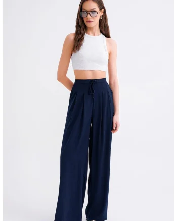 Pantaloni dama,  Palazzo plisati, bleumarin, poliester-elastan