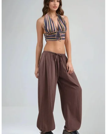 Pantaloni dama,  cu talie elastica si detaliu cu snur, maro, textil